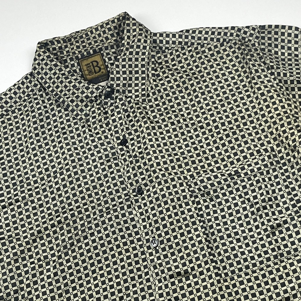 Bruno Silk Button Down Shirt Mens Large Black Tan Geometric Short Sleeve Italy